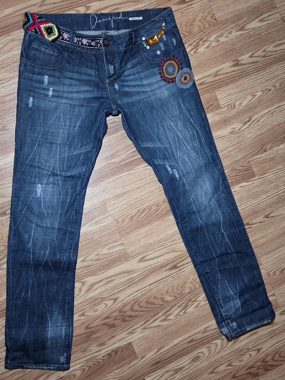 Desigual  Straight Leg Jeans with Colorful Embroidered Accents See Measurements